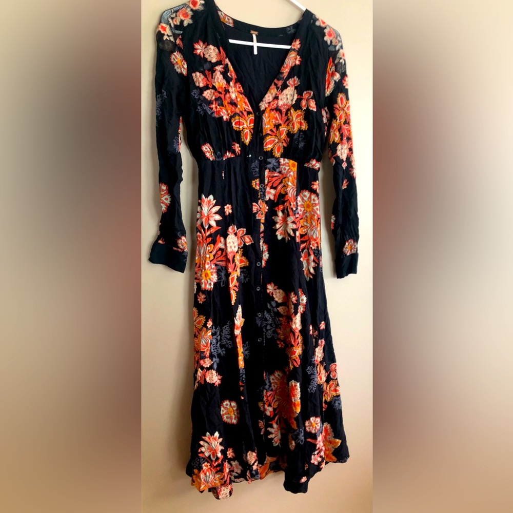 FREE PEOPLE Black & Tangerine Floral Maxi Dress Size 2